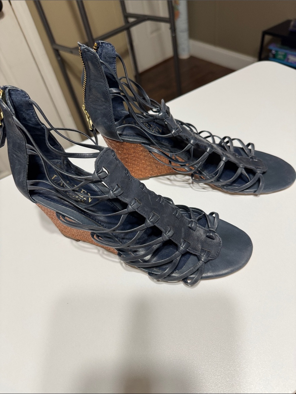 Lauren Ralph Lauren Navy Leather Lace-Up Wedge Sandals with Brown Woven Heel